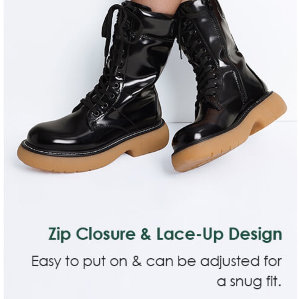 Dream Pairs Glossy Dark Brown Lace-Up Combat Boots - Picture 12 of 17